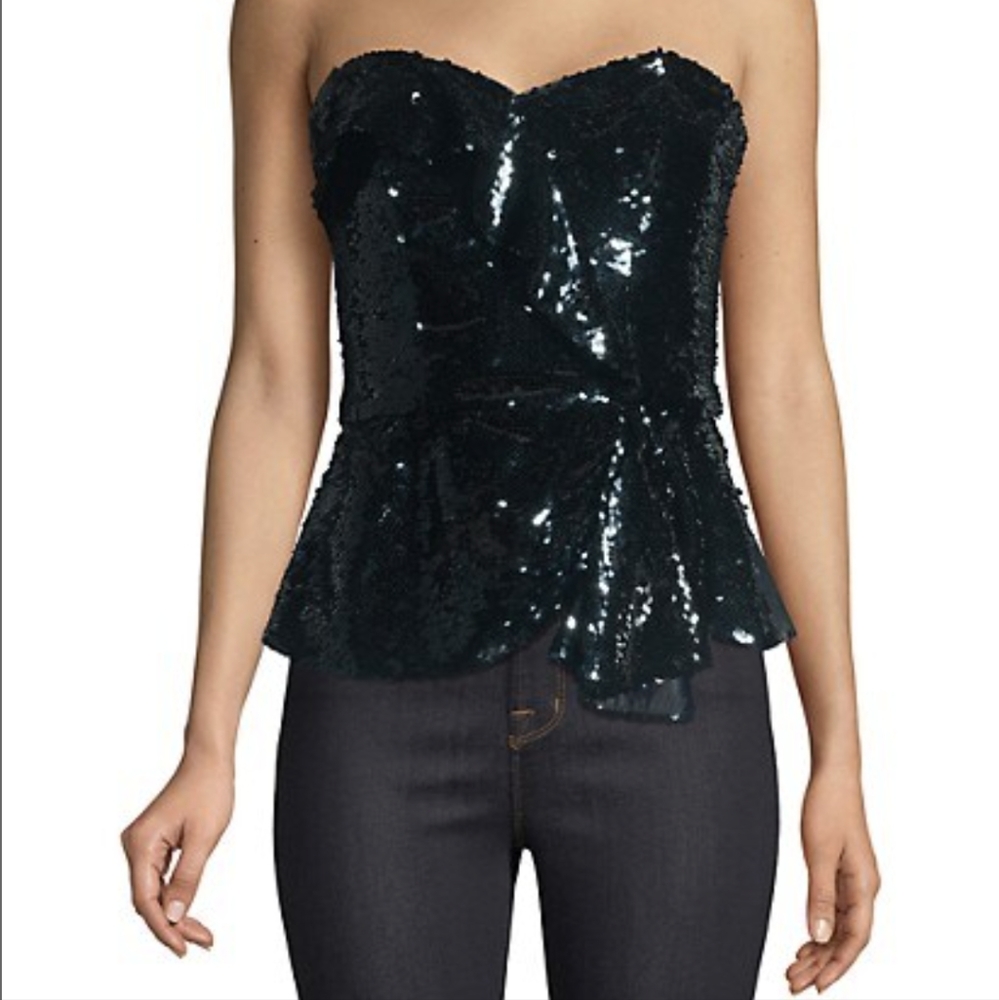 Parker Talita Sequin Strapless Sweetheart Peplum Blouse in Deep Sea Size XS